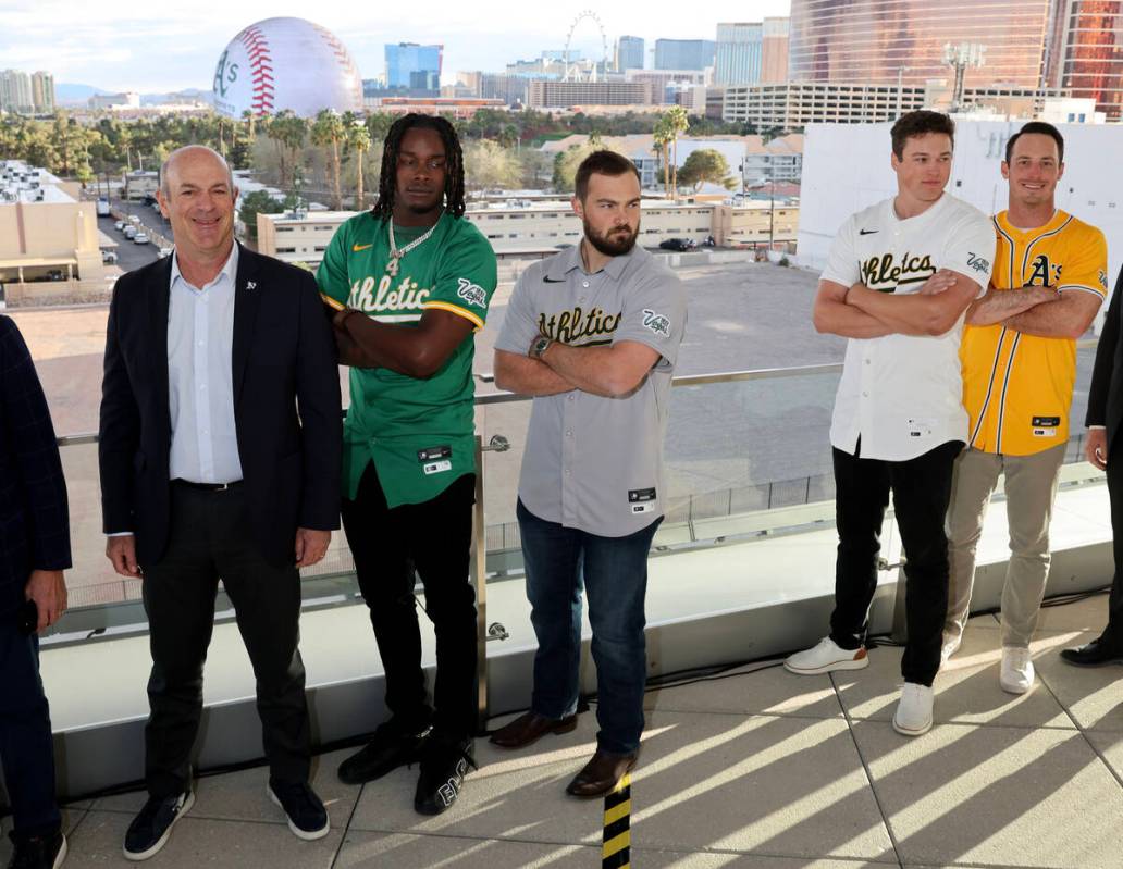 Athletics players, from left, Lawrence Butler, Shea Langeliers, Mason Miller and Brent Rooker s ...