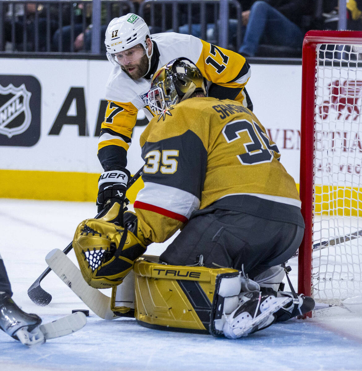 Golden Knights goaltender Ilya Samsonov (35) blocks a shot by Pittsburgh Penguins right wing Br ...