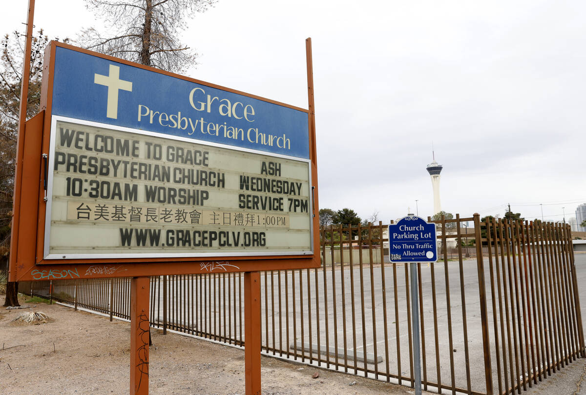 A sign for Grace Presbyterian Church is seen, on Tuesday, March 11, 2025, in Las Vegas. The chu ...