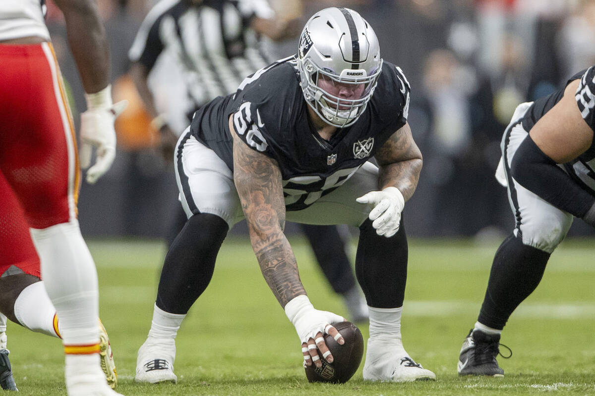 Raiders center Andre James (68) prepares to snap the football during the first half of an NFL g ...