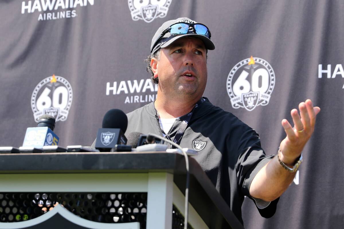 Oakland Raiders defensive coordinator Paul Guenther answers questions during the NFL team's tra ...