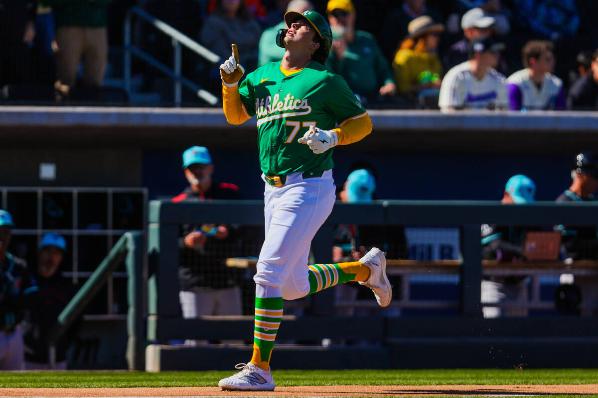Athletics infielder Nick Kurtz (77) runs to home base during a home run at a Big League Weekend ...