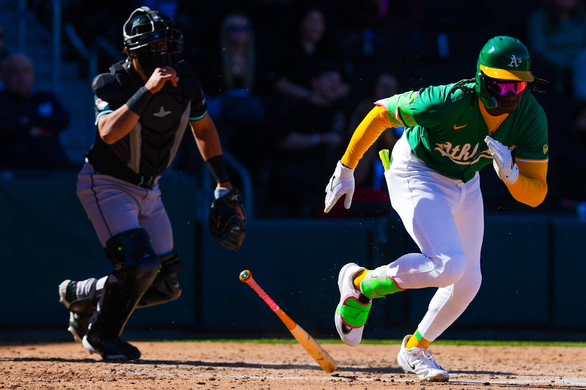 Athletics outfielder Lawrence Butler (4) runs to first base during a Big League Weekend basebal ...