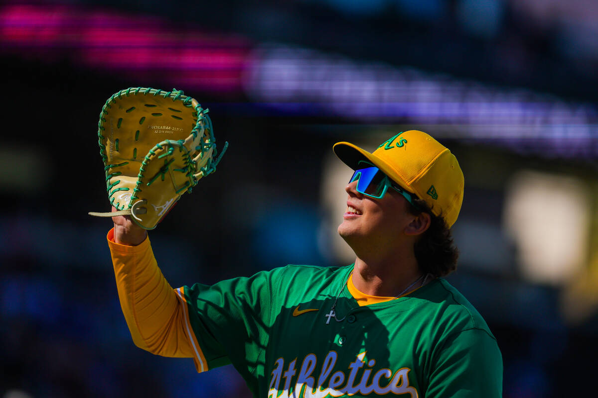 Athletics infielder Nick Kurtz heads back to the dugout during a Big League Weekend baseball ga ...
