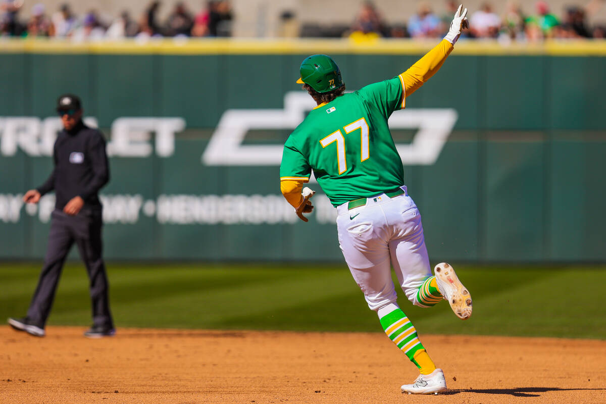 Athletics infielder Nick Kurtz (77) runs to second base during a home run at a Big League Weeke ...