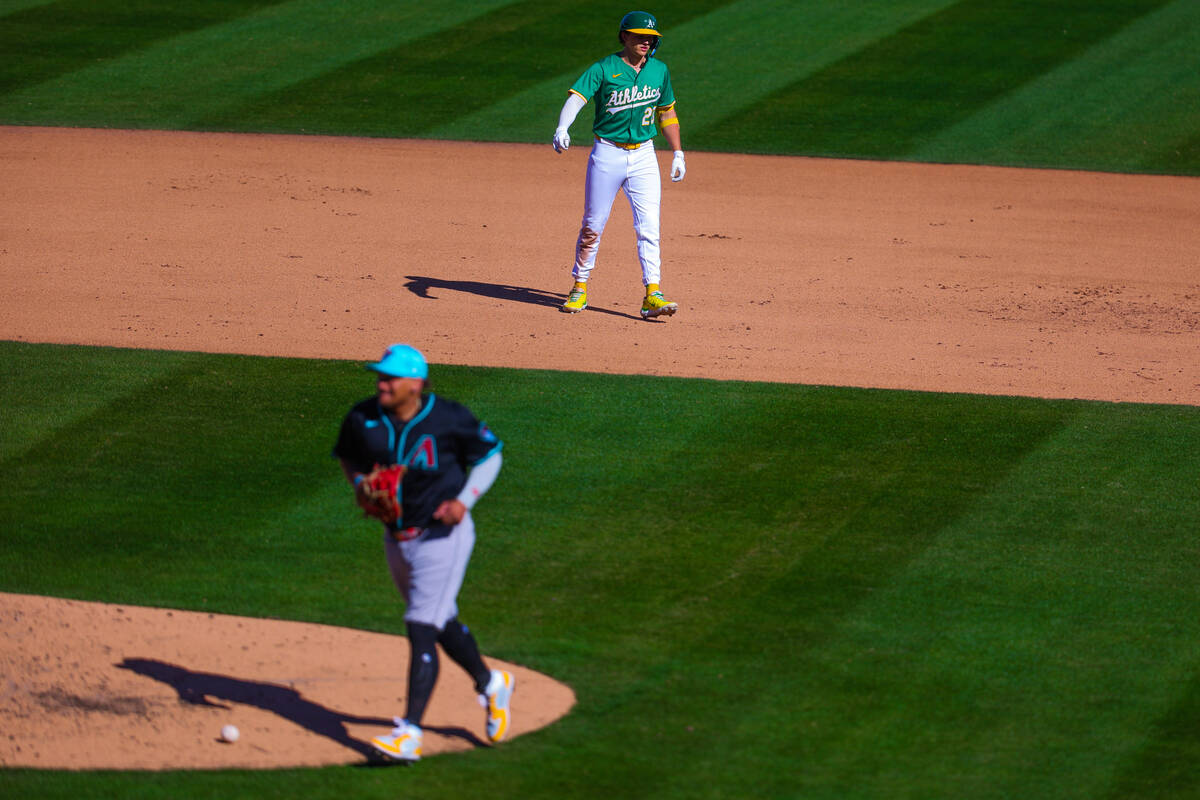 Athletics catcher Shea Langeliers (23) walks back to the dugout after the end of an inning duri ...