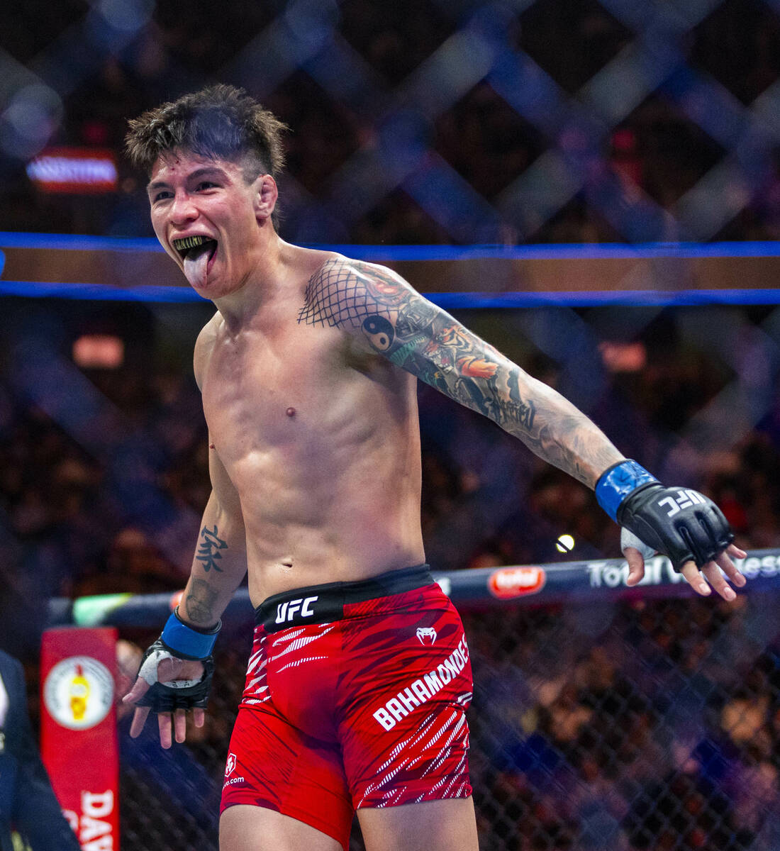 Ignacio Bahamondes celebrates his win over Jalin Turner during their lightweight fight at UFC 3 ...