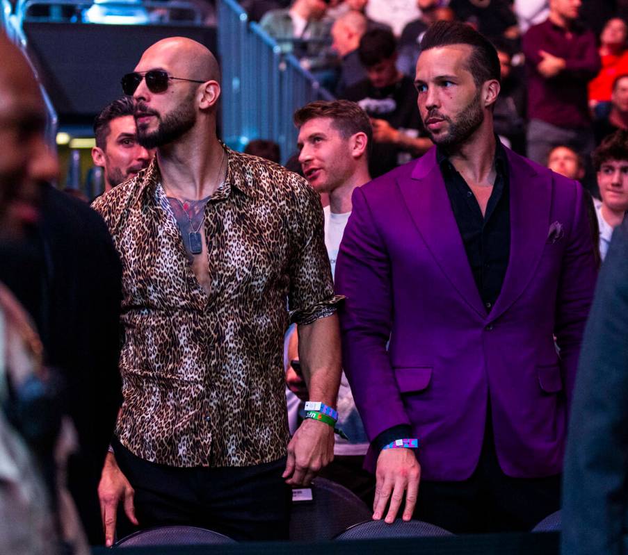 Andrew and Tristan Tate with others at UFC 313 in the T-Mobile Arena on Saturday, March 08, 202 ...