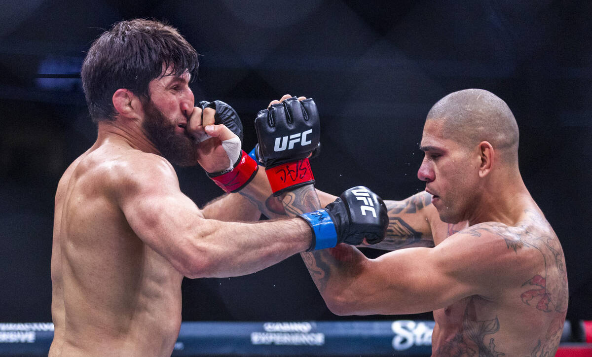 Magomed Ankalaev takes a punch to the face from Alex Pereira during their light heavyweight fig ...