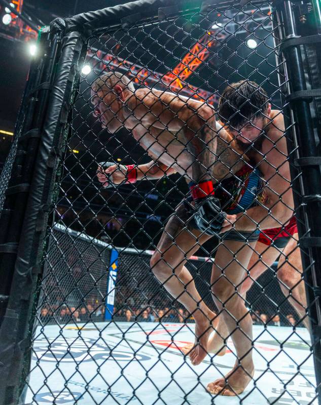 Alex Pereira is driven into the fence by Magomed Ankalaev during their light heavyweight fight ...