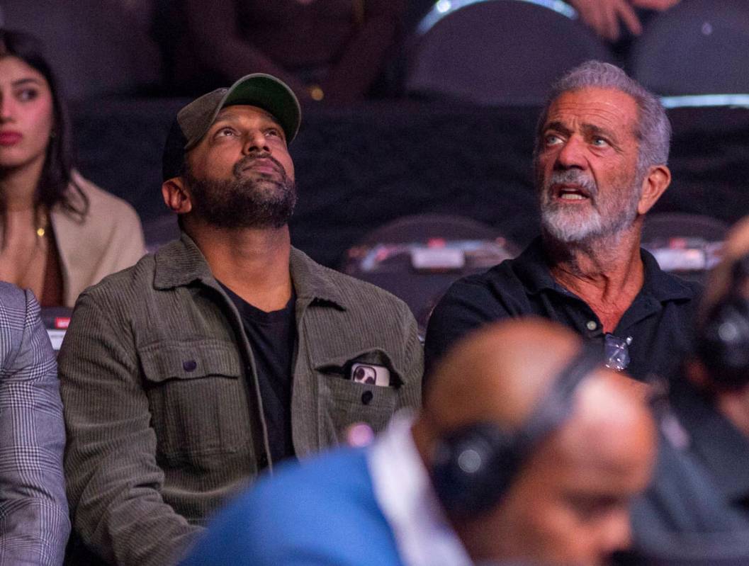 New FBI director Kash Patel with actor Mel Gibson at UFC 313 in the T-Mobile Arena on Saturday, ...