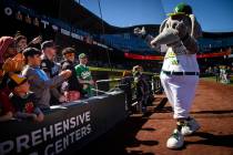 Athletics mascot Stomper greets fans before a Big League Weekend baseball game against the Ariz ...