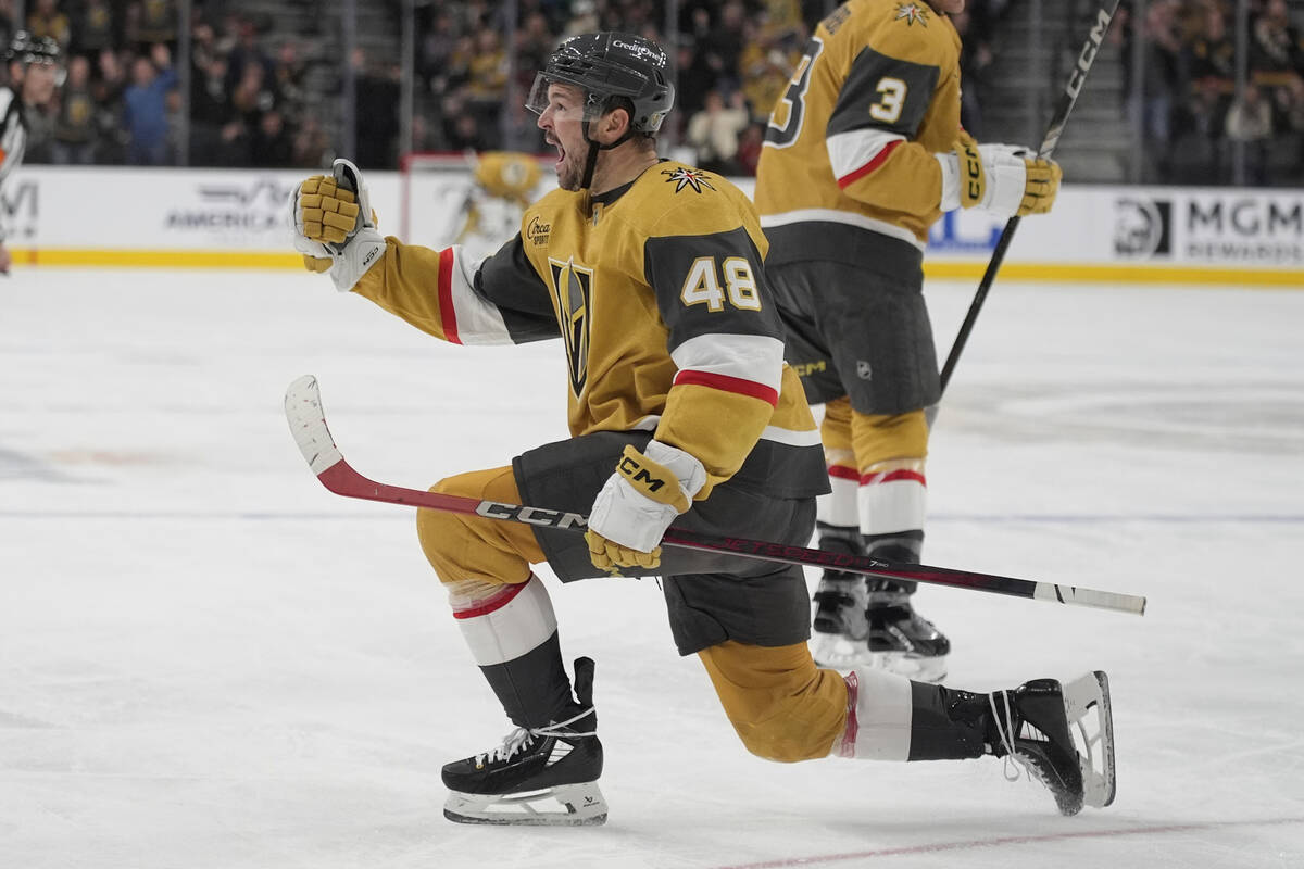 Vegas Golden Knights center Tomas Hertl (48) celebrates after scoring against the Los Angeles K ...