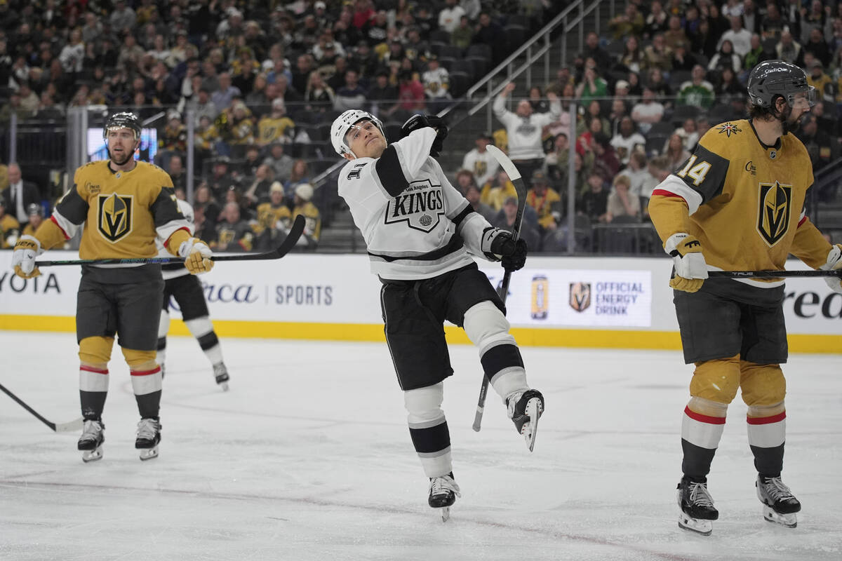 Los Angeles Kings left wing Trevor Moore (12) celebrates after scoring against the Vegas Golden ...