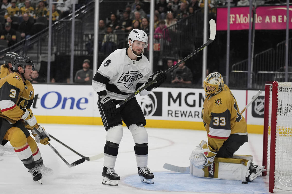 Los Angeles Kings right wing Adrian Kempe (9) scores against Vegas Golden Knights goaltender Ad ...