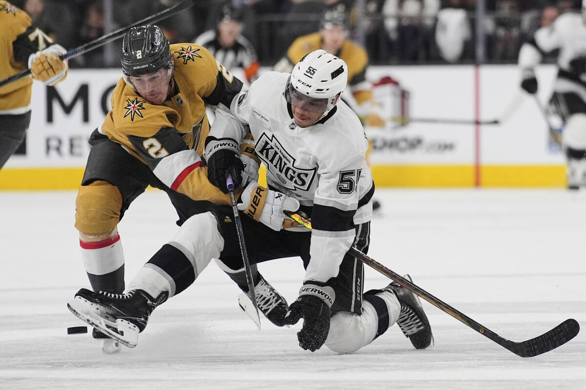 Vegas Golden Knights defenseman Zach Whitecloud (2) and Los Angeles Kings right wing Quinton By ...