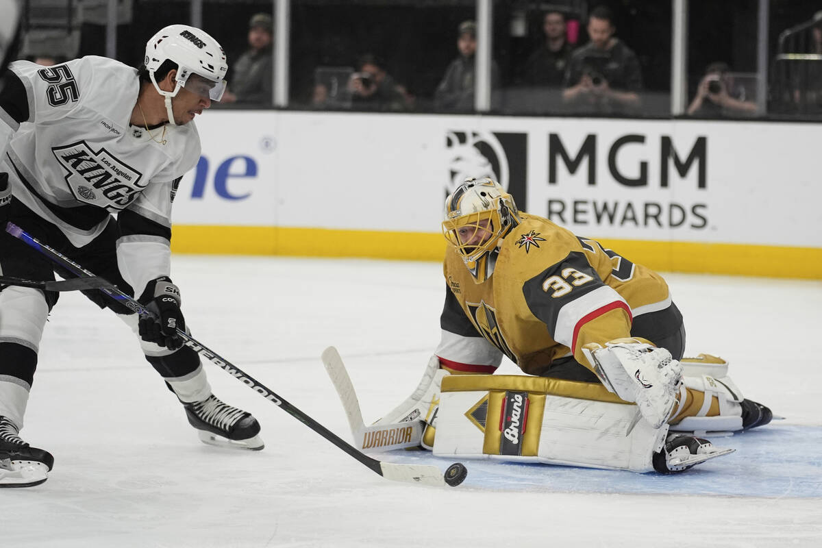 Los Angeles Kings right wing Quinton Byfield (55) attempts a shot on Vegas Golden Knights goalt ...