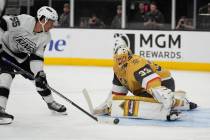 Los Angeles Kings right wing Quinton Byfield (55) attempts a shot on Vegas Golden Knights goalt ...