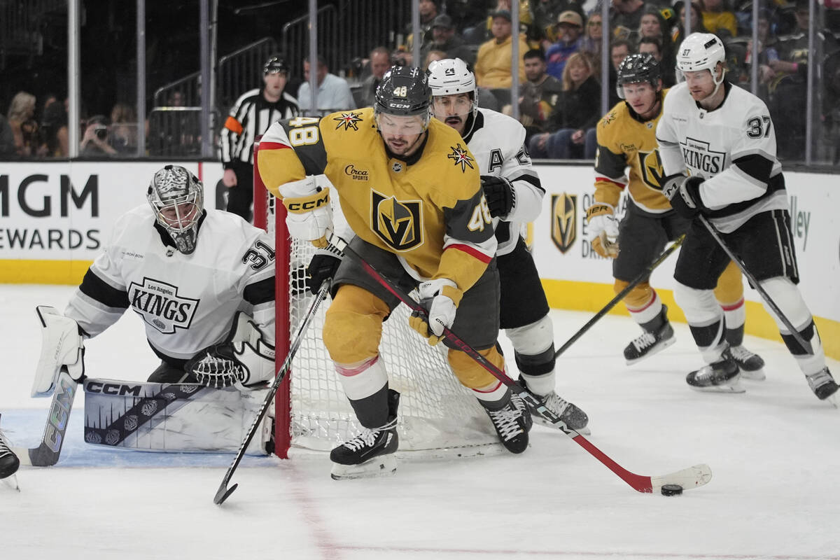 Vegas Golden Knights center Tomas Hertl (48) skates around the net against the Los Angeles King ...