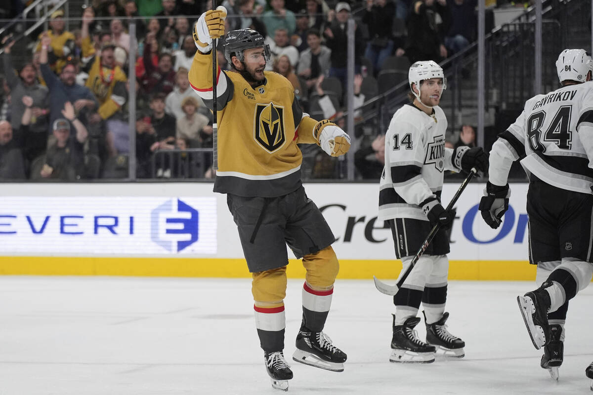 Vegas Golden Knights center Nicolas Roy (10) celebrates after scoring against the Los Angeles K ...