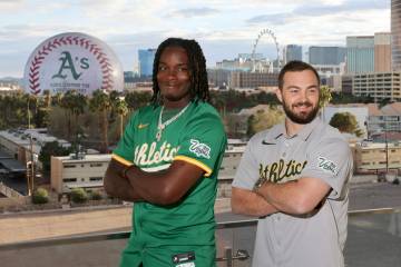 Athletics players, from left, Lawrence Butler, Shea Langeliers, Mason Miller and Brent Rooker s ...