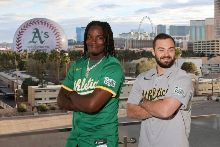 Athletics players, from left, Lawrence Butler, Shea Langeliers, Mason Miller and Brent Rooker s ...