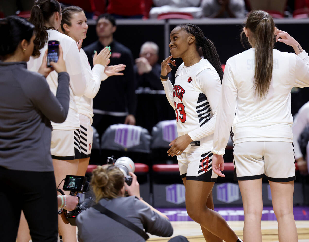 UNLV guard Amarachi Kimpson (33) is introduced before the Lady Rebels take on the Boise State B ...