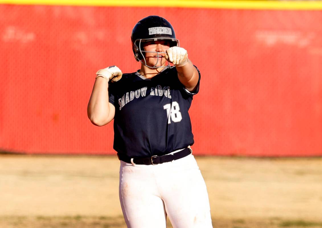 Shadow Ridge Madison Foster (18) reacts after hitting two RBI and a double against Arbor View d ...