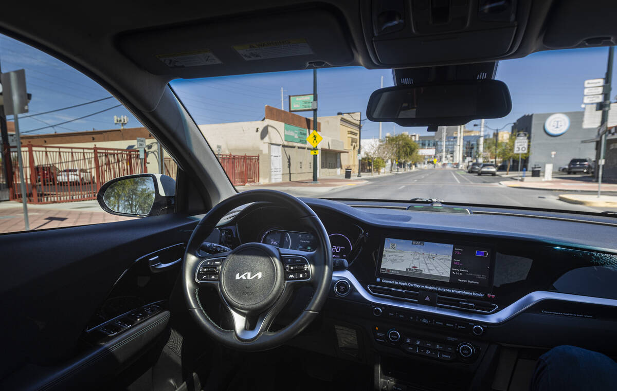 A Vay vehicle, navigated by remote driver Yulieanna Duran, moves along Main Street on Monday, M ...