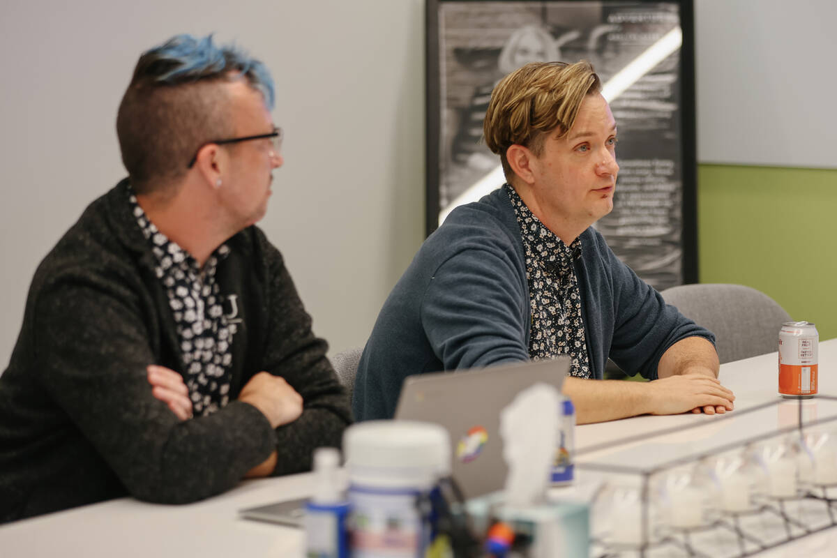 Jace Flatt, right, leads a meeting of Rainbows of Aging at UNLV gather for a meeting on Wednesd ...