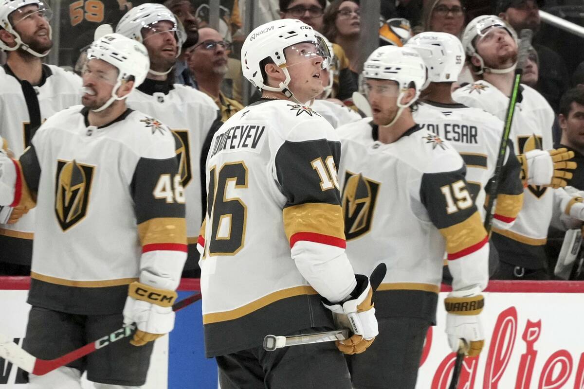 Vegas Golden Knights' Pavel Dorofeyev (16) watches a replay of his goal during the second perio ...
