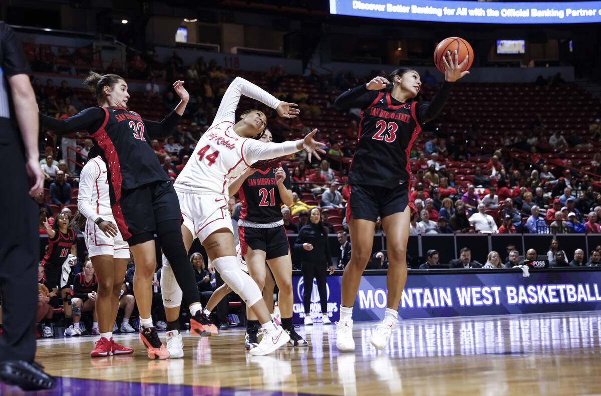 San Diego State Aztecs forward Kim Villalobos (23) grabs a rebound in front of UNLV Lady Rebels ...