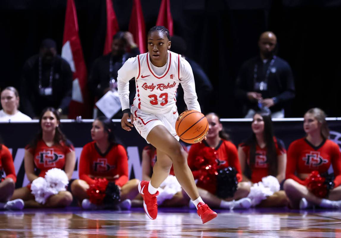 UNLV Lady Rebels guard Amarachi Kimpson (33) brings the ball up court against San Diego State d ...