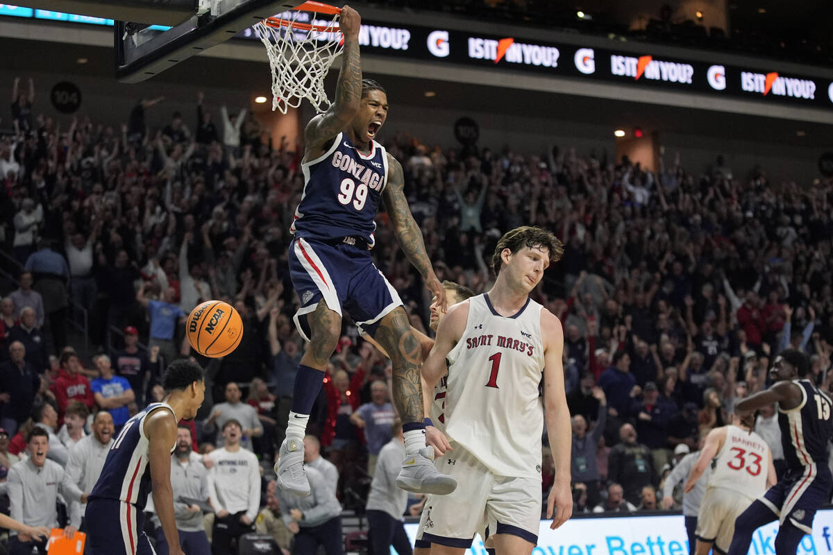 Gonzaga guard Khalif Battle (99) celebrates as he scores against Saint Mary's during the second ...