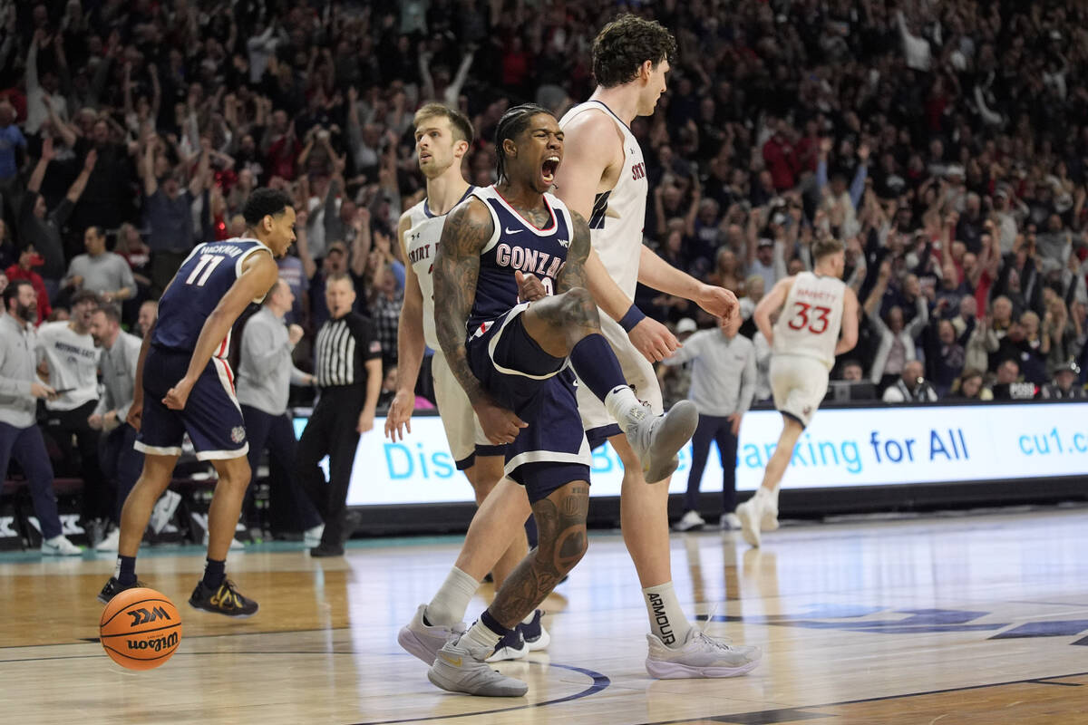 Gonzaga guard Khalif Battle (99) celebrates after scoring against Saint Mary's during the secon ...