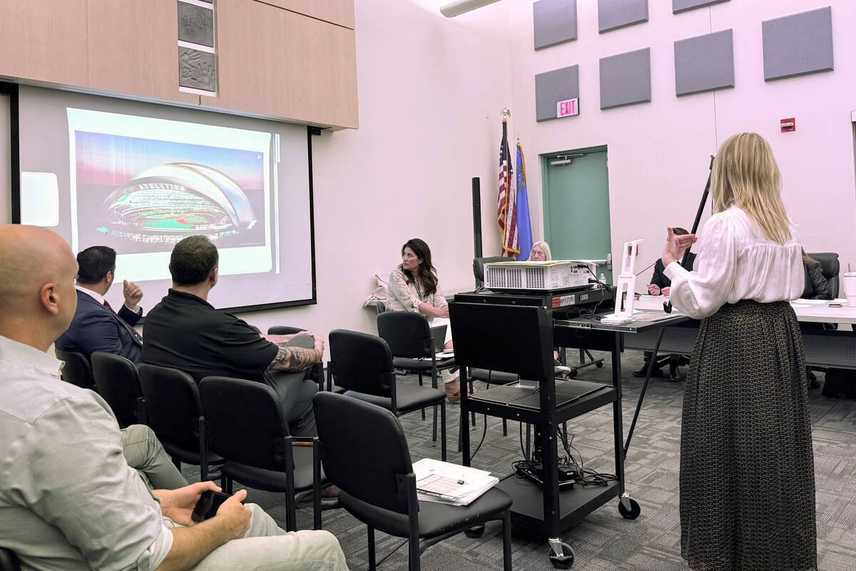 Jennifer Lazovich, an attorney representing the Athletics, describes the A's Las Vegas ballpark ...
