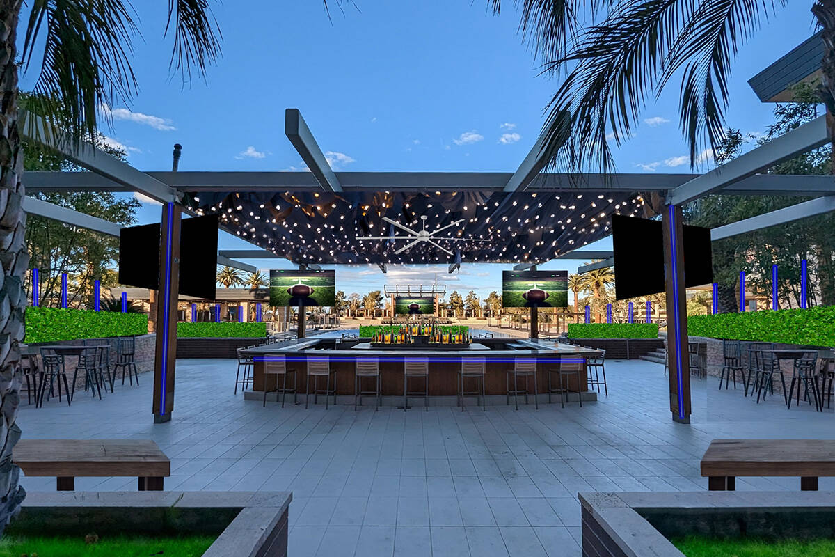 A rendering of Patio, a poolside dining experience debuting April 4, 2025, at the M Resort in L ...