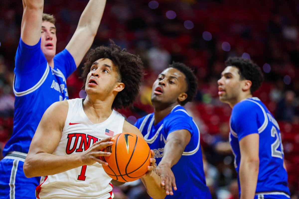 Rebels forward Jalen Hill (1) eyes the basket during a Mountain West men’s tournament NC ...