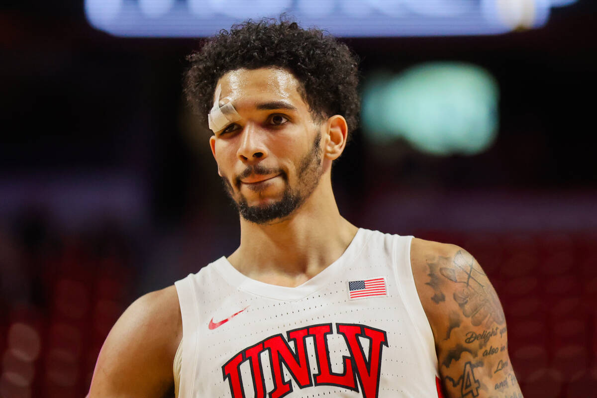 Rebels guard Jailen Bedford (14) is seen with. Bandage on his eyebrow during a Mountain West me ...