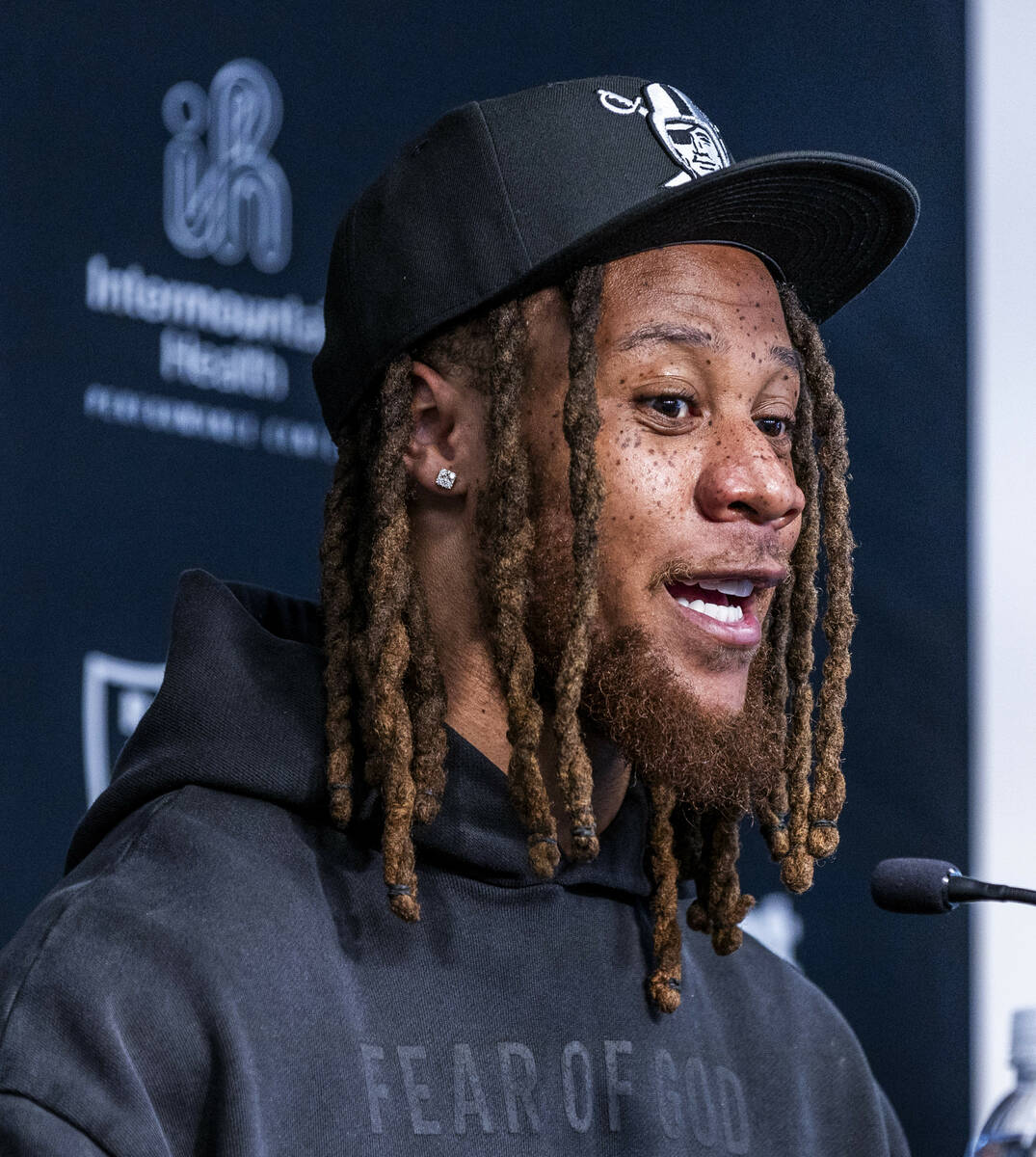 Cornerback Eric Stokes answers a question during his initial interview with the press at the Ra ...