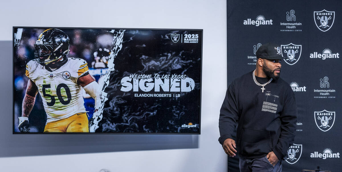 Linebacker Elandon Roberts departs the room after his initial interview with the press at the R ...