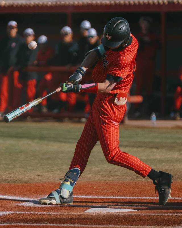 Las Vegas’ Bryden Bull (22) hits a single against Centennial on Thursday, March 13, 2025 ...