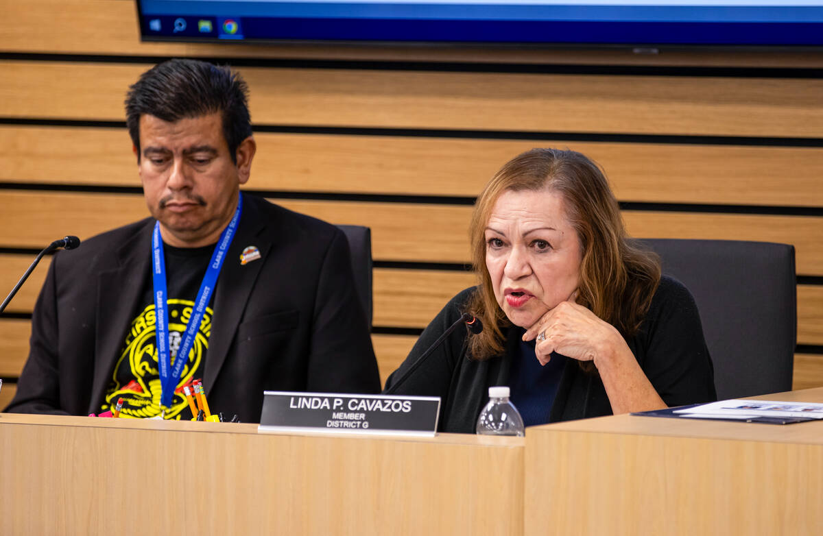 Clark County School Board Trustee Linda Cavazos, right, makes a motion for the board to select ...