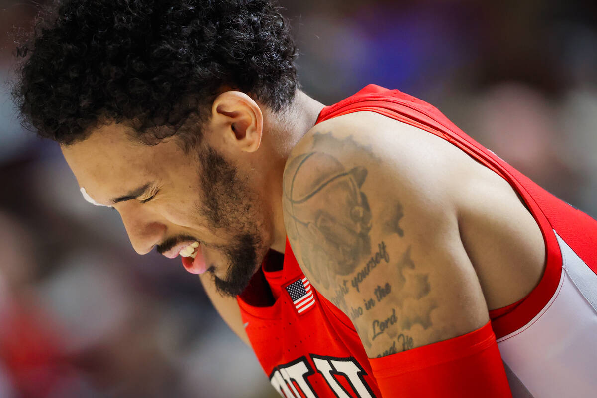 Rebels guard Jailen Bedford closes his eyes for a moment during a Mountain West tournament NCAA ...