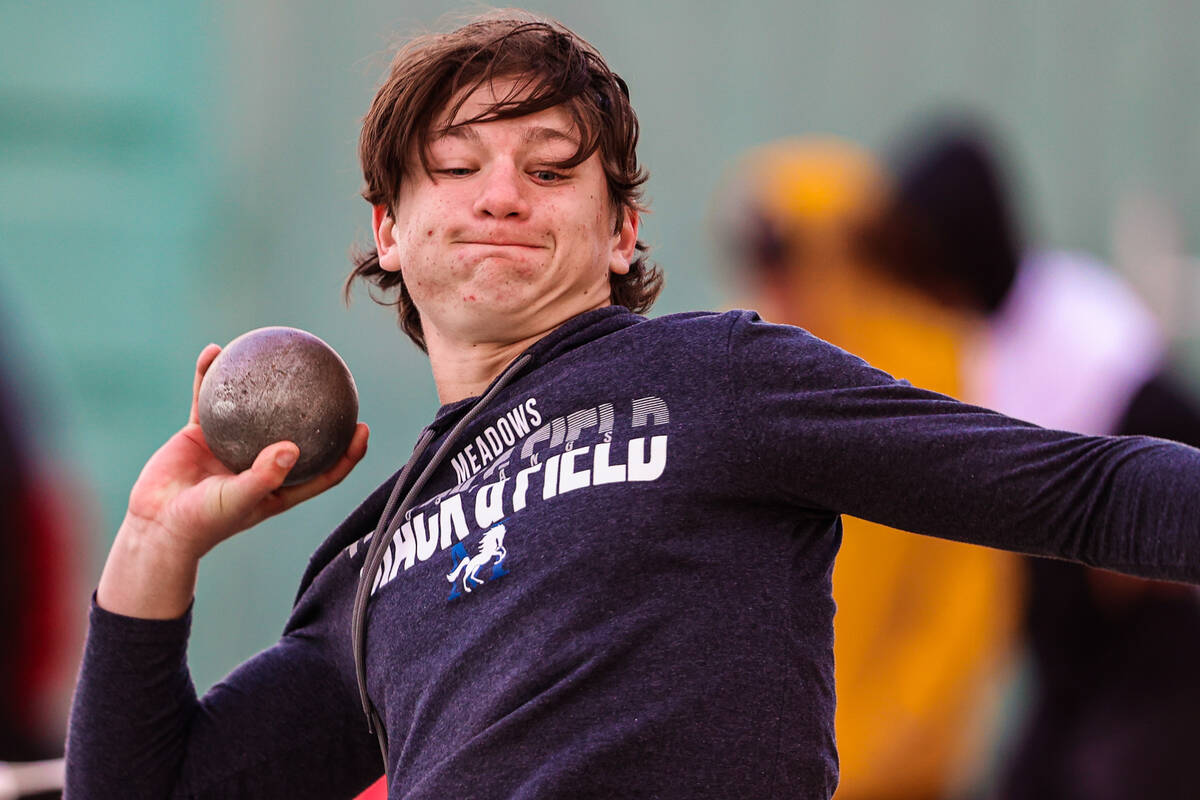 Meadows shot put contestant Jude Cutler competes during a high school track and field meet at P ...