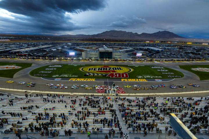 Rain clouds build up over the track and beyond during the NASCAR Craftsman Truck Series Ecosave ...