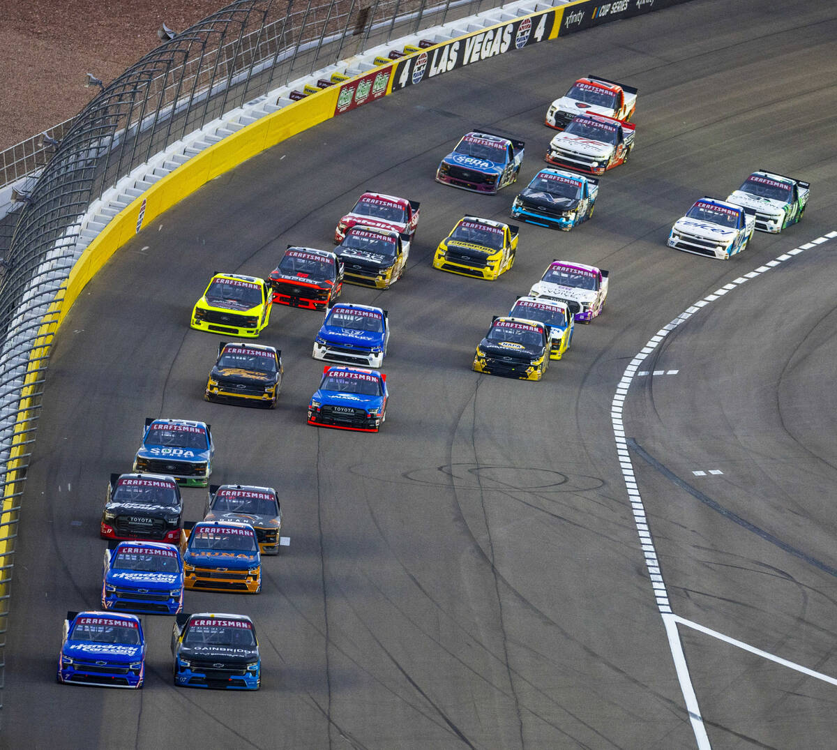 Drivers Corey Day (7) and Justin Justin Haley (07) are side by side out of turn 4 during the NA ...