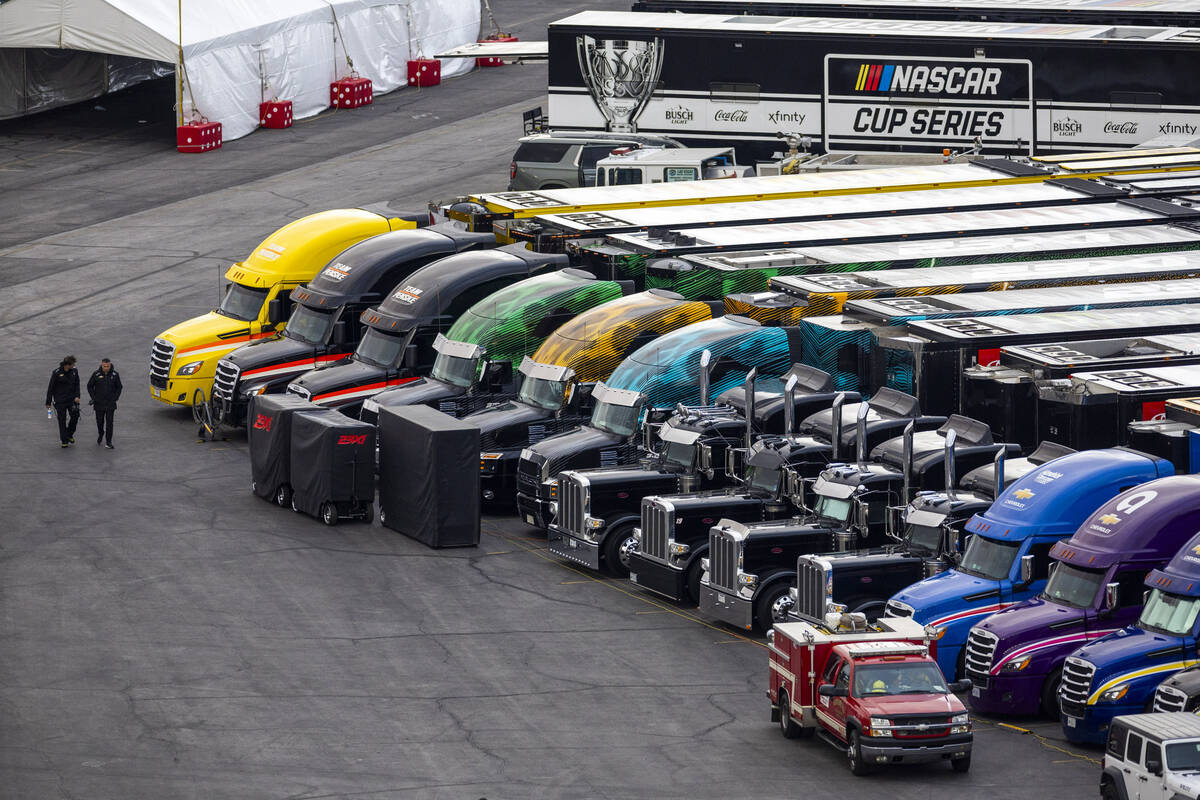 Various haulers are parked about the track during the NASCAR Craftsman Truck Series Ecosave 200 ...