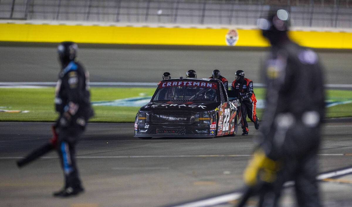 Josh Reaume (22) is pushed onto pit lane during the NASCAR Craftsman Truck Series Ecosave 200 r ...