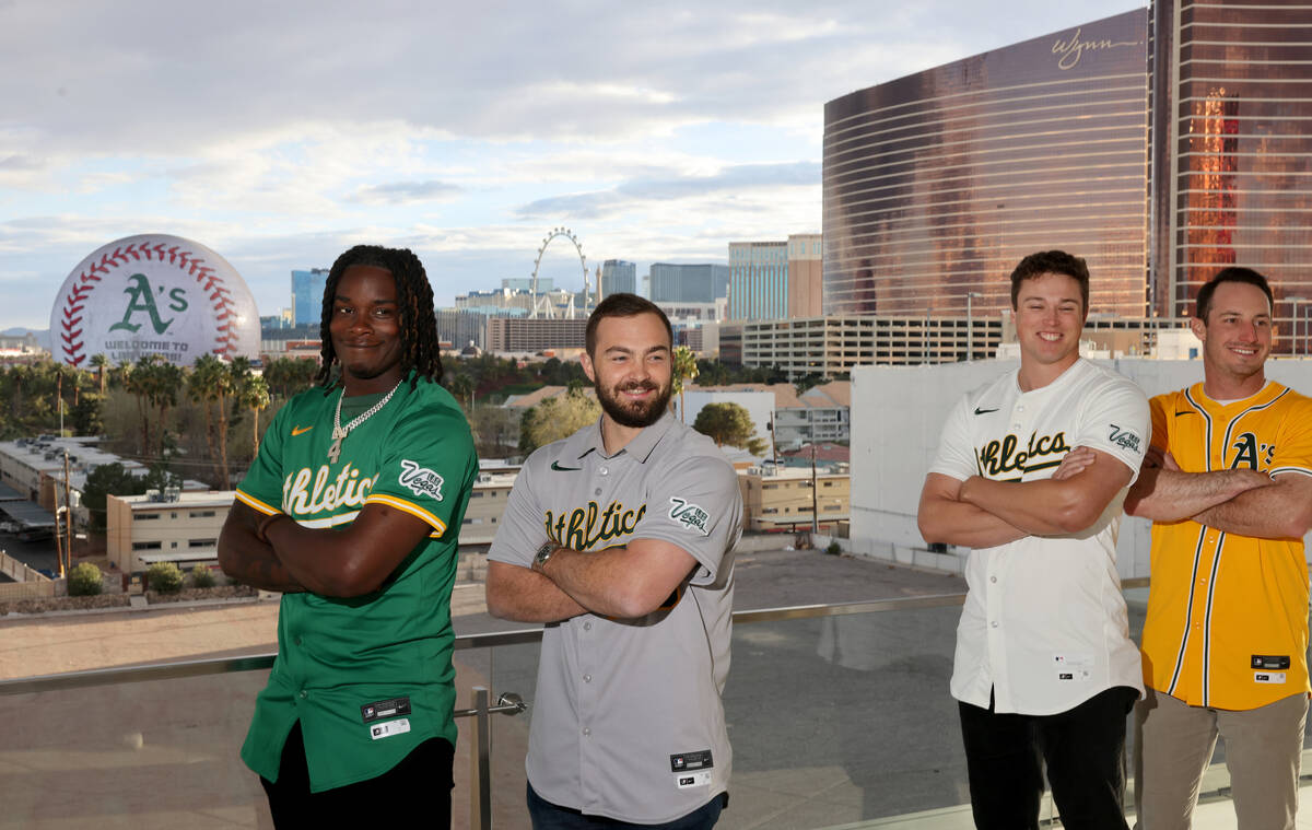 Athletics players, from left, Lawrence Butler, Shea Langeliers, Mason Miller and Brent Rooker s ...